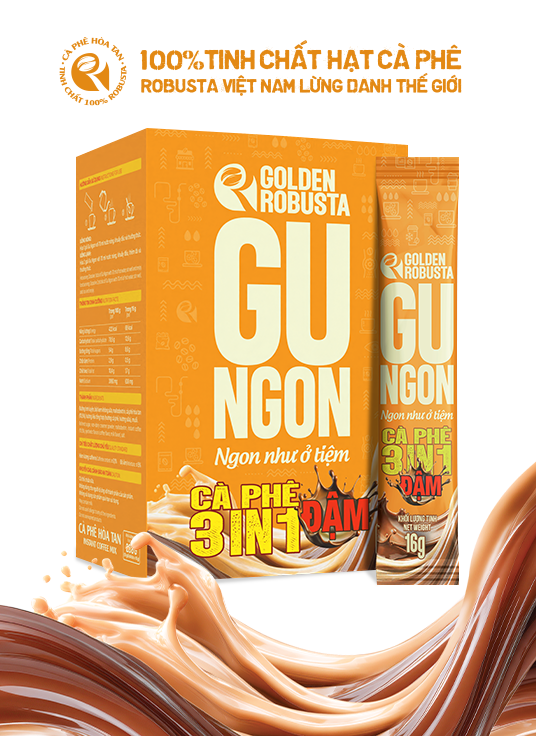 Bao bì cà phê hòa tan GOLDEN ROBUSTA GU NGON 3IN1 ĐẬM.
