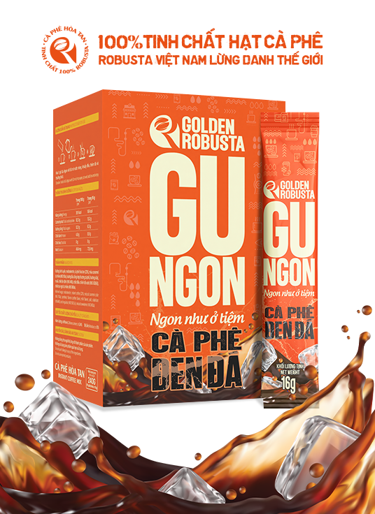 Bao bì cà phê hòa tan GOLDEN ROBUSTA GU NGON ĐEN ĐÁ.