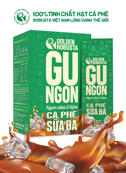 Bao bì cà phê hòa tan GOLDEN ROBUSTA GU NGON SỮA ĐÁ.